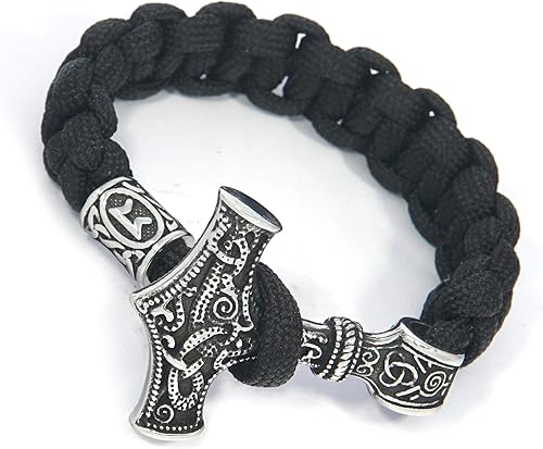 Miniatura 2 de Pulsera de acero inoxidable vikingo Mjolnir Thor Hammer trenzada Paracord pulsera de protección de runa nórdica para hombres y mujeres, 10 pulg.,