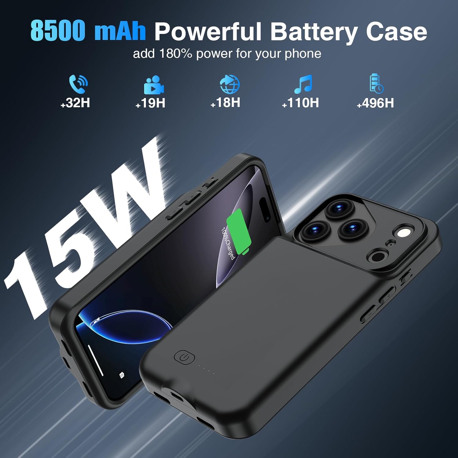 GIN FOXI Battery Case for iPhone 17 Pro, Charging Case Charger 8500mAh Ultra-Slim Lightweight Powerful Battery Pack 15W Fast Rechargeable Anti-Fall TPU Juice Box for iPhone 17 Pro (6.3") Black
