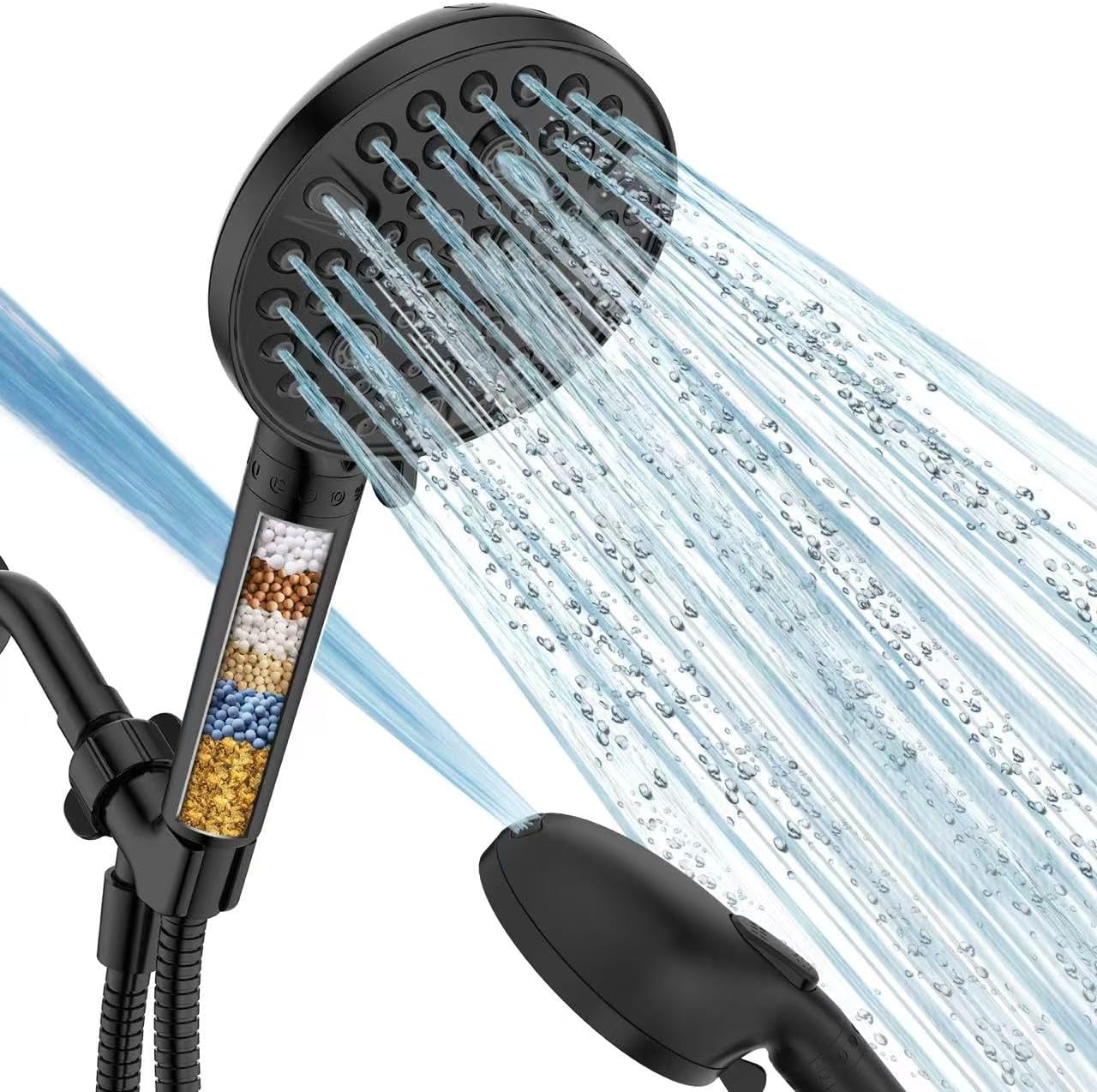 Handheld Shower Head with Filter Matte Black - High Pressure 10 Spray Modes Filtered Shower Head with Hose, Bracket and Hard Water Shower Filters to Remove Chlorine and Heavy Metals