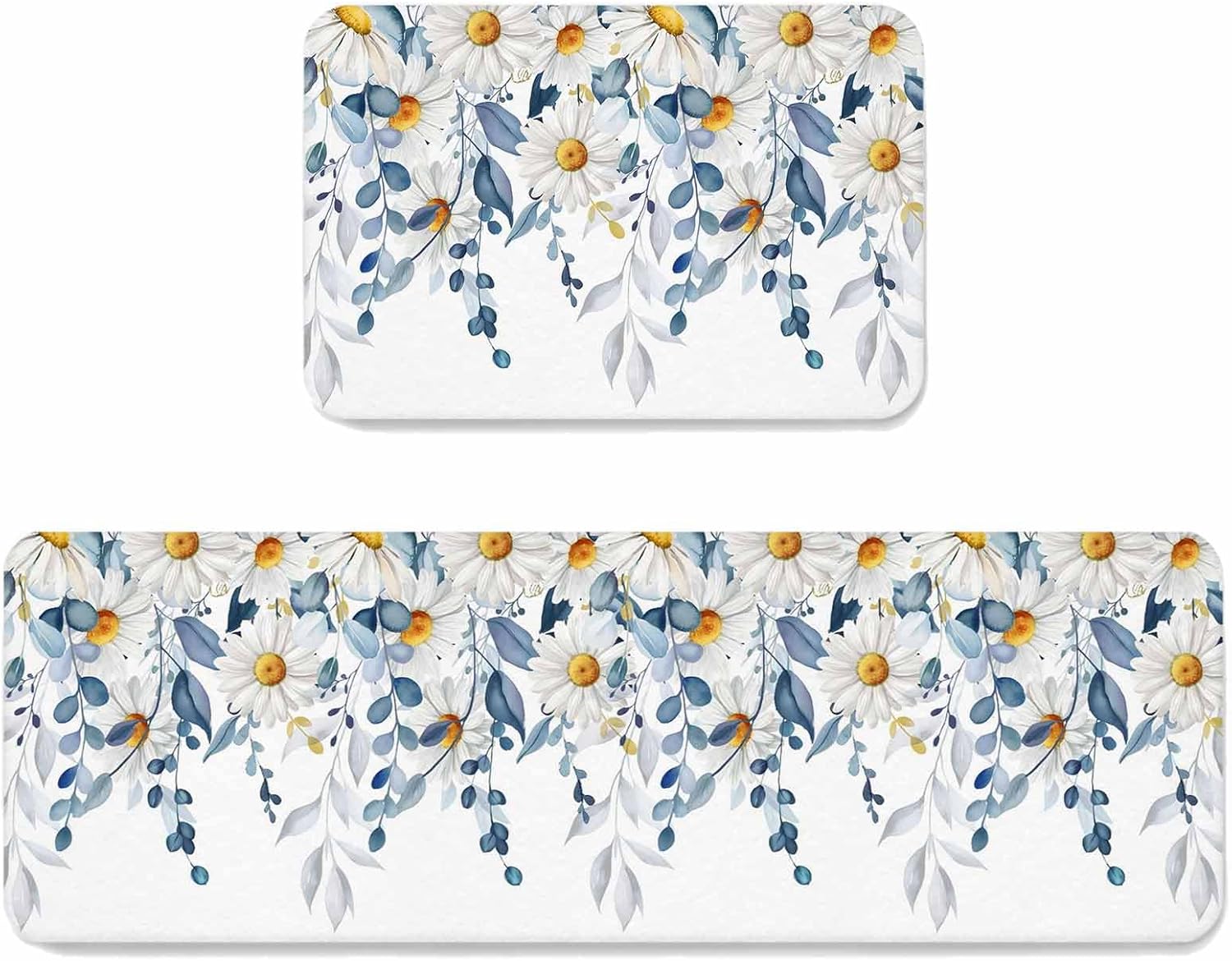 Prime Leader Spring Eucalyptus Leaves Kitchen Mat Set 2 Pieces Country Watercolor Blue Leaf White Daisy Non Slip Kitchen Rugs Washable Runner Rug Mats for Sink Laundry (15.7" x 23.6"+15.7" x 47.2")