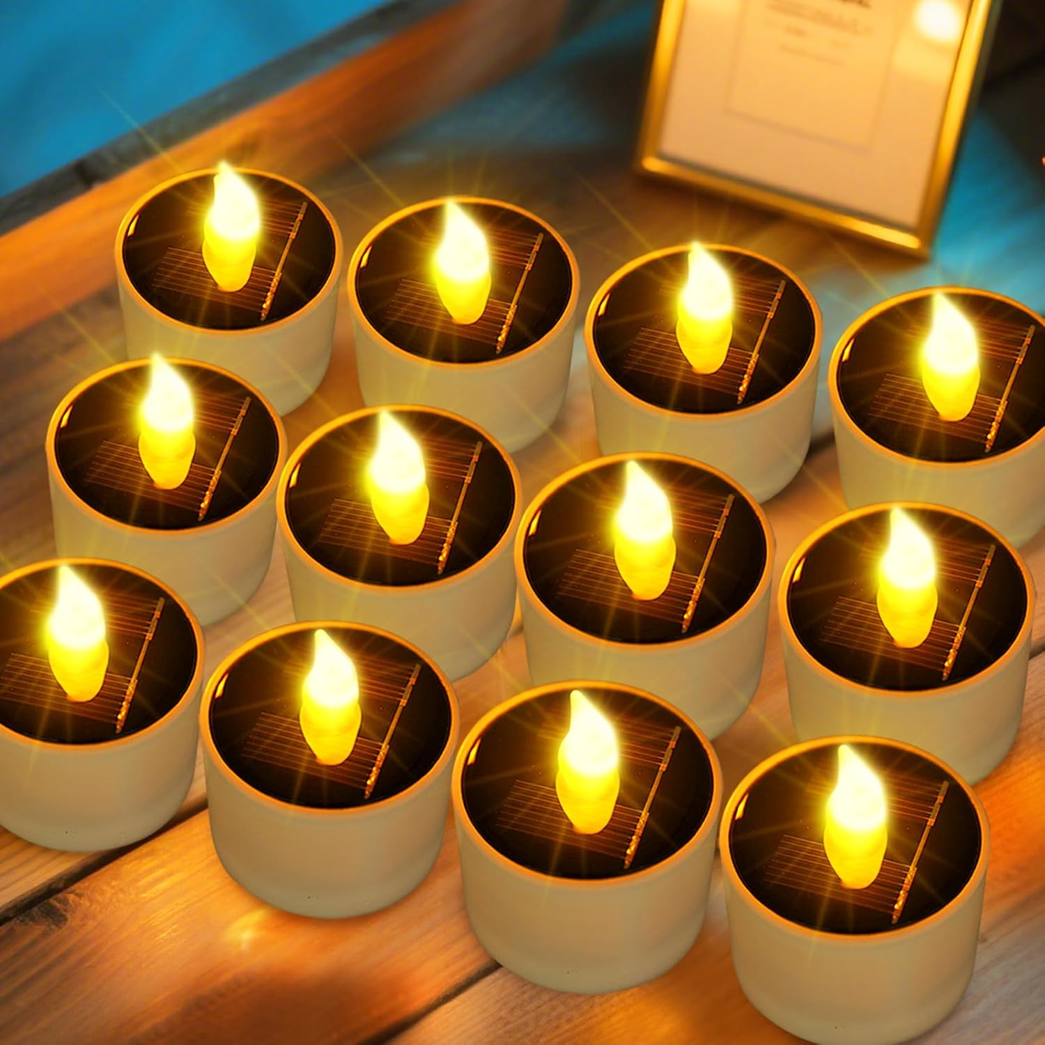 VOOKRY 12 Pcs Solar Tea Lights Outdoor - Flickering Solar Candle Lights Flameless Dusk to Dawn Lighting Waterproof Rechargeable LED Candles for Lantern Garden Camping Party Home Decoration,2.3''x2.1''