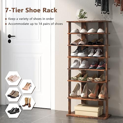 Miniatura 4 de KOTEK Zapatero alto de 7 niveles, almacenamiento estrecho de madera para zapatos de entrada con dispositivo anti-caída, soporte moderno para