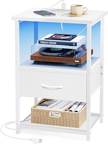 Miniatura 26 de Fixwal Mesita de noche con 3 cajones de tela, mesita de noche para dormitorio, mesita de noche con estación de carga, mesa auxiliar con Marrón