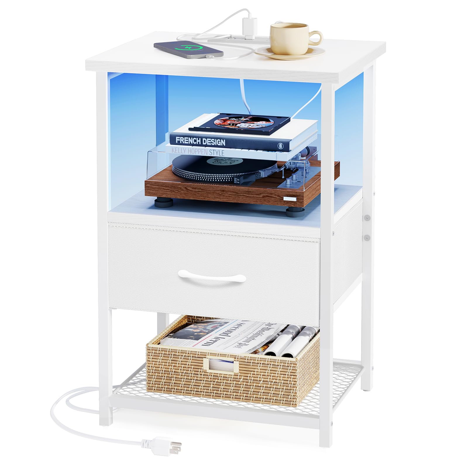 Fixwal Night Stand with Charging Station, LED Nightstand with Fabric Drawers, End Table with PU Finish, Bed Side Table for Bedroom, White