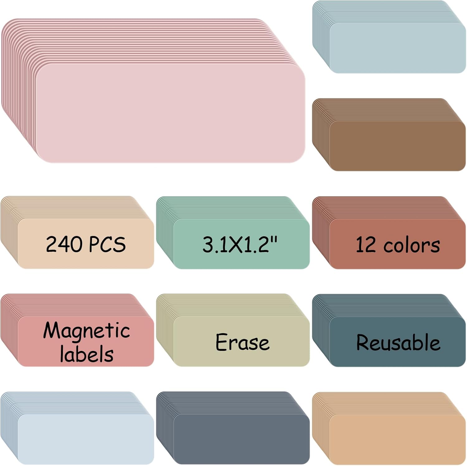 Ctosree 240 Pcs Dry Erase Magnetic Labels 3.2'' x 1.2" Reusable Magnetic Name Tags Blank Name Magnets Colorful Tag Stickers Strips for Whiteboard Locker School Office(Soft Color)