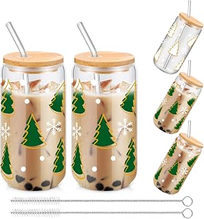 2 Pcs Color Changing Christmas Cup 16 oz Christmas Color Changing Glass Cup with Lids and Straws Cute Reusable Travel Tumbler Iced Coffee Mug for Xmas Party Gift