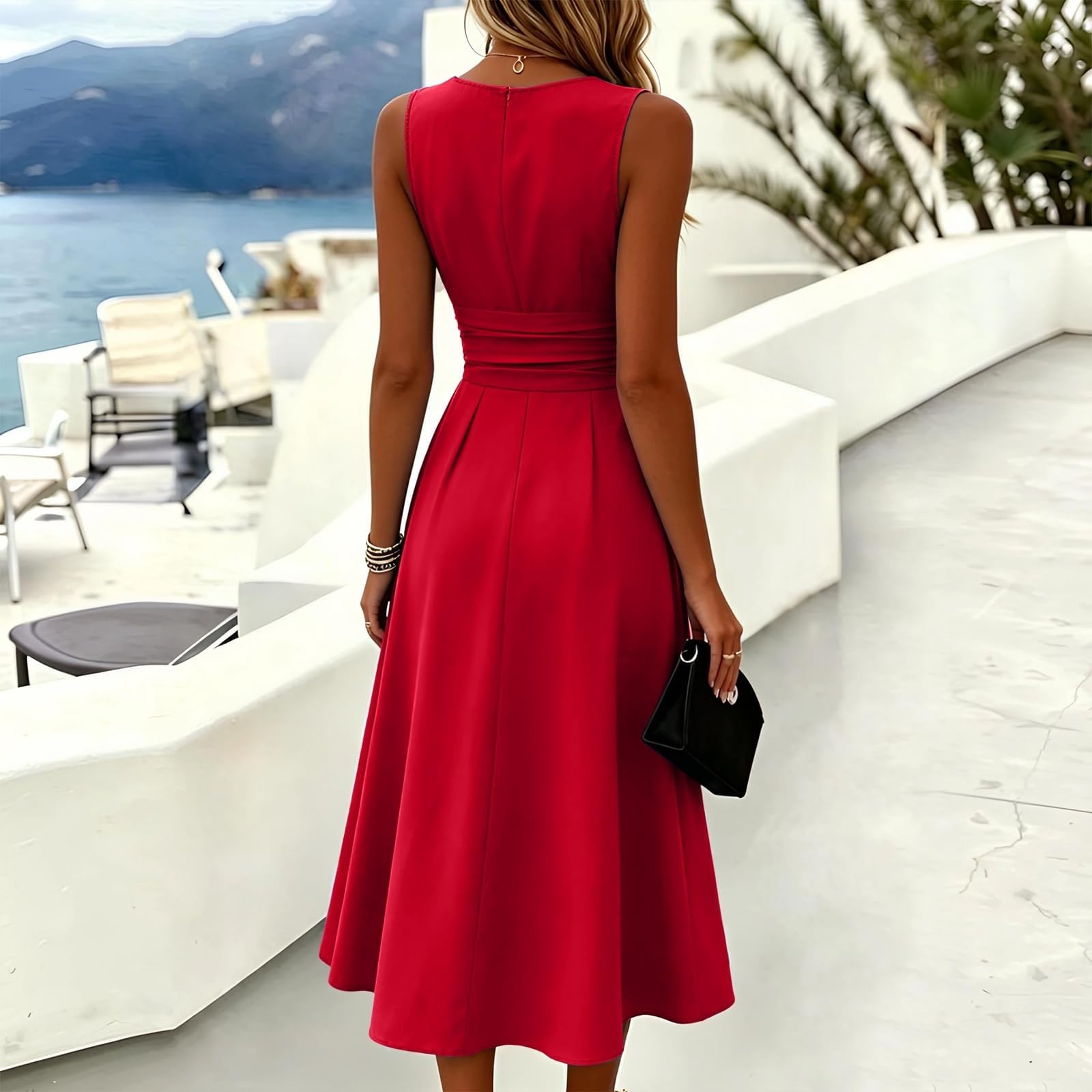 Vestido de verano una línea hasta la rodilla, vestido midi de verano, cuello redondo, vestido de tirantes, sin mangas, vestido de noche, sin mangas, ajustado, informal, elegante, festivo