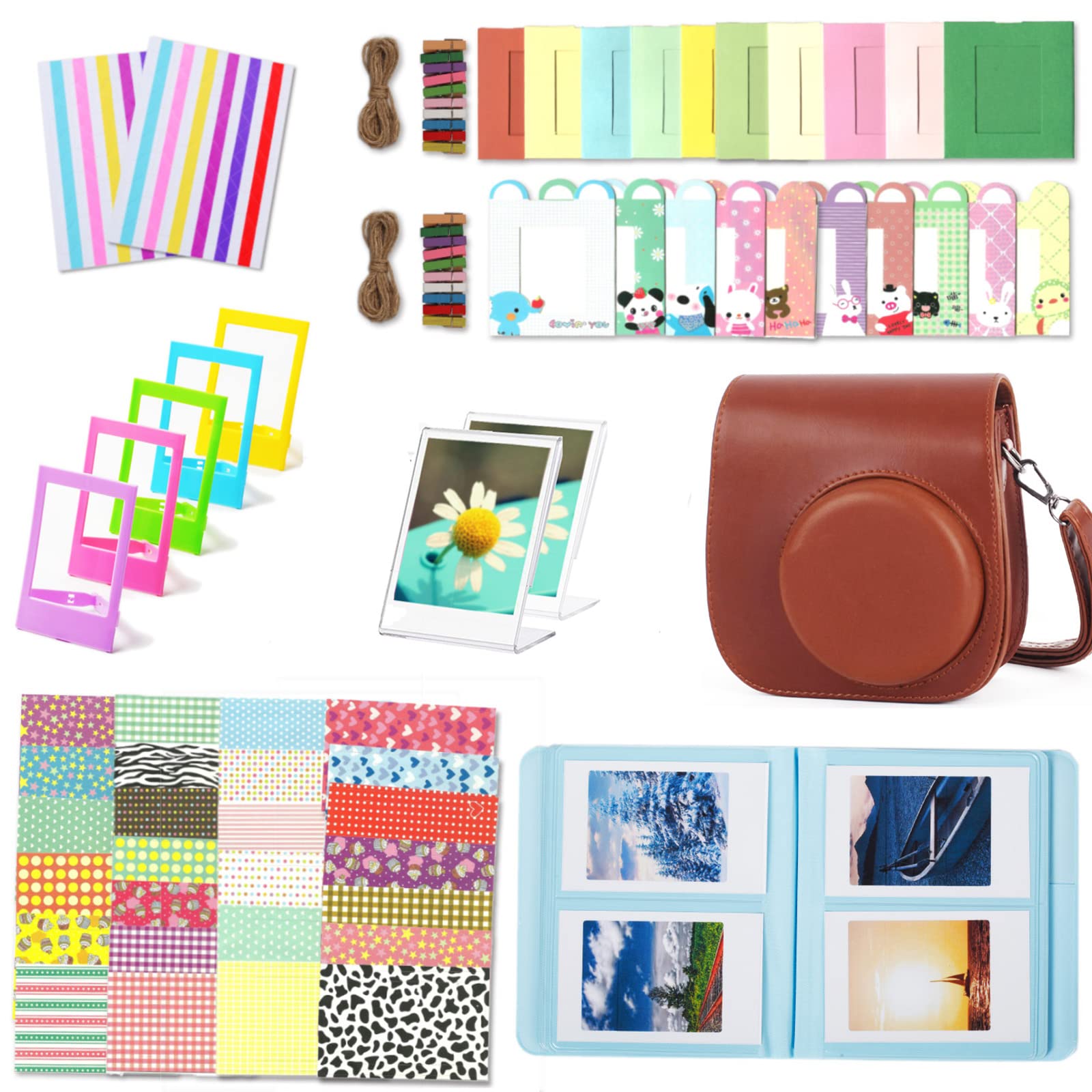 LeebotreeCamera Accessories Compatible with Fujifilm Instax Mini 9 or Mini 8 8+ Include Case/Album/Selfie Lens/Filters/Wall Hang Frames/Film Frames/Border Stickers/Corner Stickers/Pen (Brown)