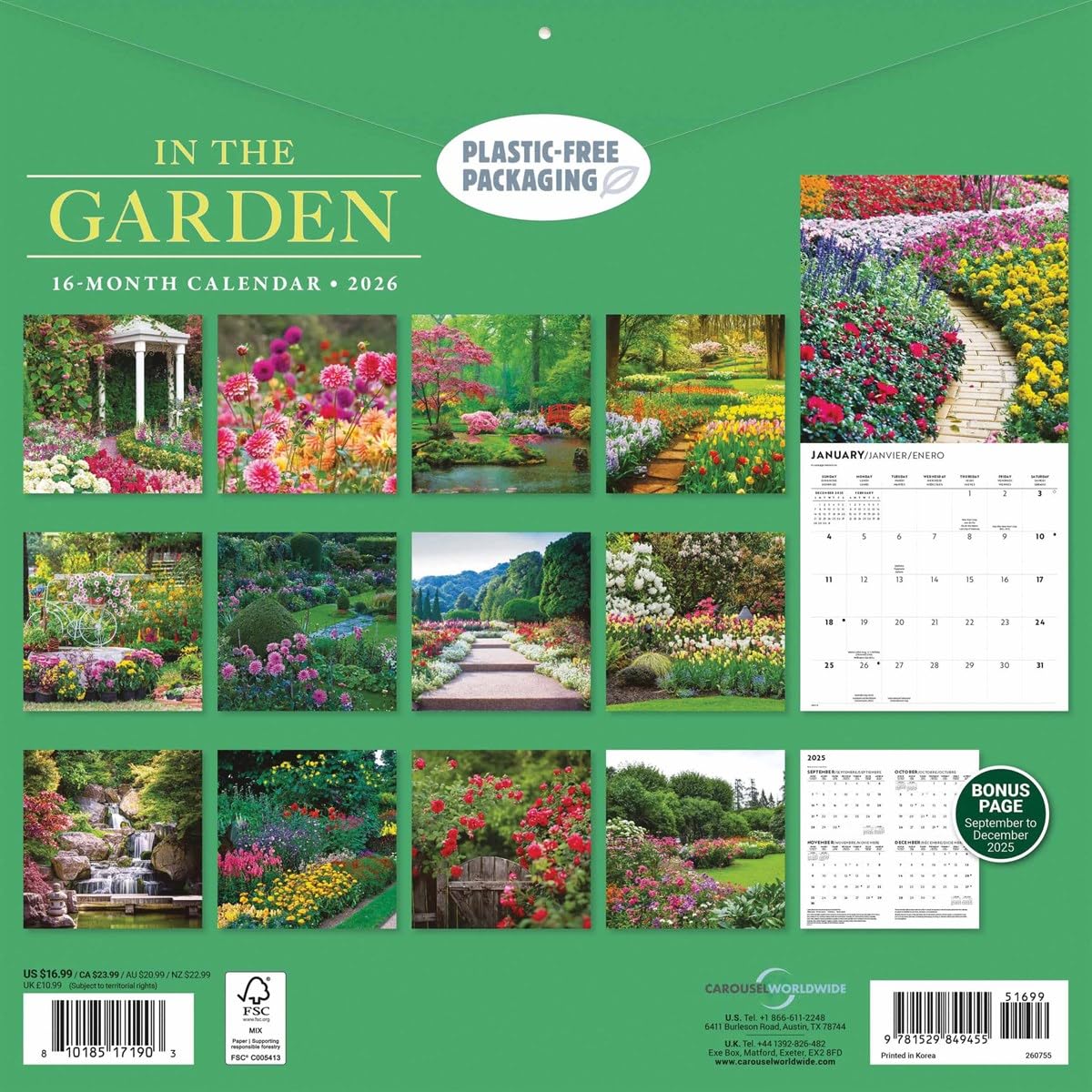 Carousel Calendars, Kalendarz ścienny In the Garden 2026, 30 x 30 cm, 16-miesięczny kalendarz z zszywanym wiązaniem