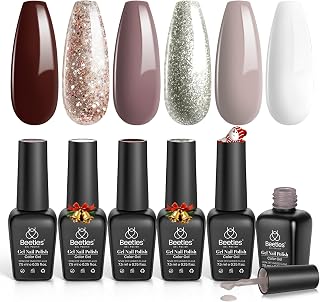 Beetles Winter Gel Polish Set - 6 Colors Brown Gel Nail Polish Christmas, Burgundy Red Brown Champagne Gold Shade Soak off Uv Lamp Nail Manicure Kit DIY Gifts for Women