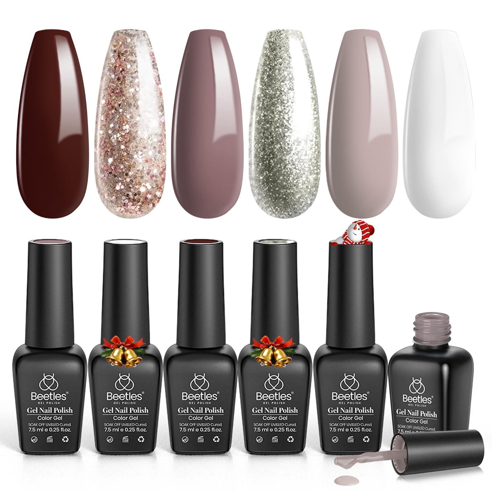 Beetles Winter Gel Polish Set - 6 Colors Brown Gel Nail Polish Christmas, Burgundy Red Brown Champagne Gold Shade Soak off Uv Lamp Nail Manicure Kit DIY Gifts for Women