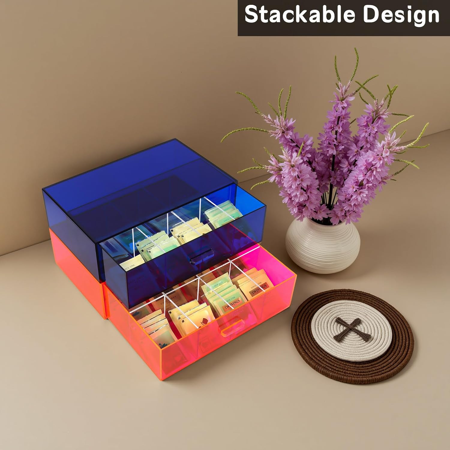 Acrylic Tea Bag Organizer and Storage Box Stackable Tea Bag Holder with Drawer for Countertop, Navy Blue