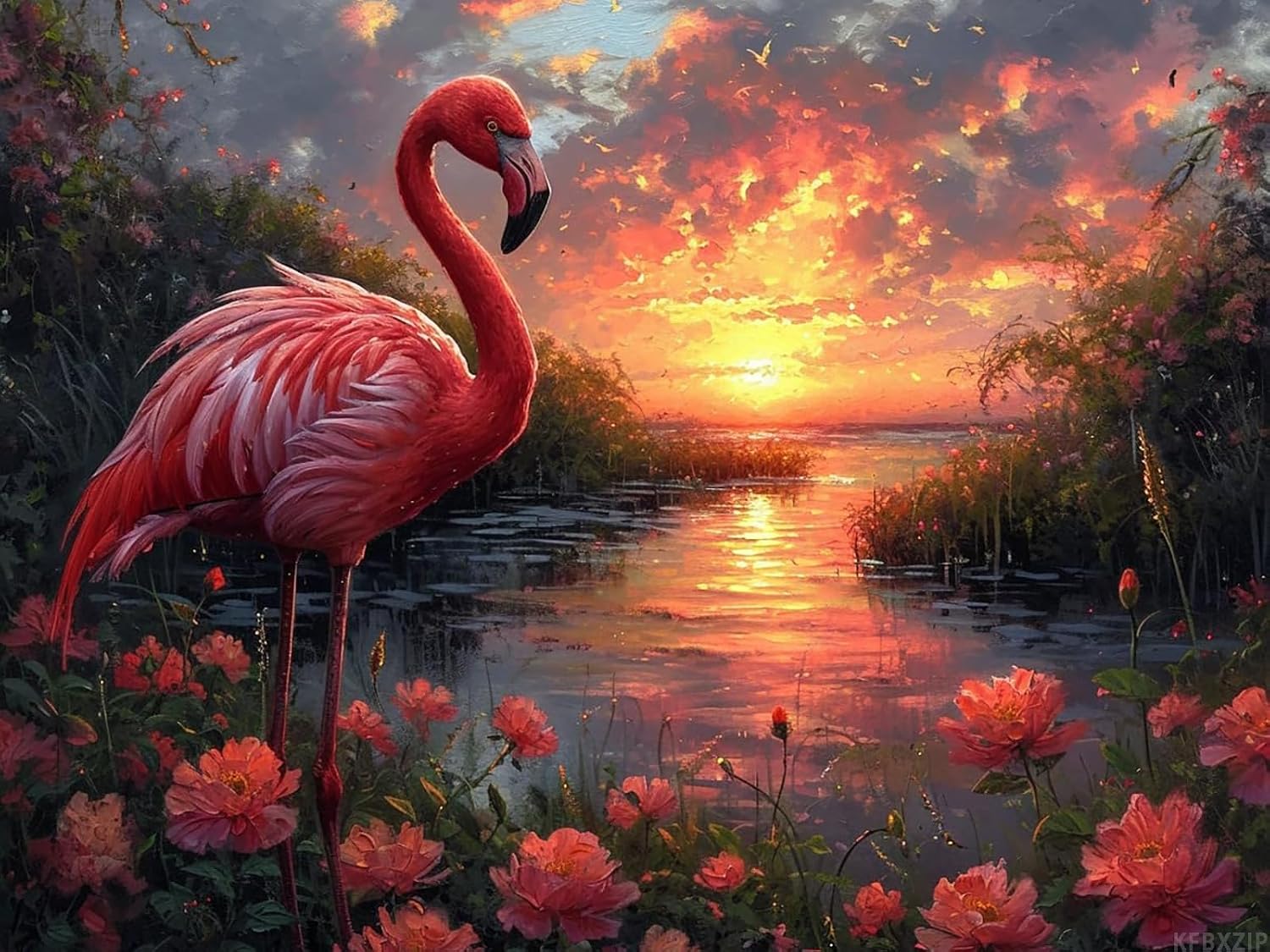 KFBXZIP Stamped Cross Stitch Kits, Wandering Flamingo at Sunset, Needlepoint Counted Cross Stitch Kits for Beginners, Embroidery Kits Arts Home Decor 11CT, 12x16 inch
