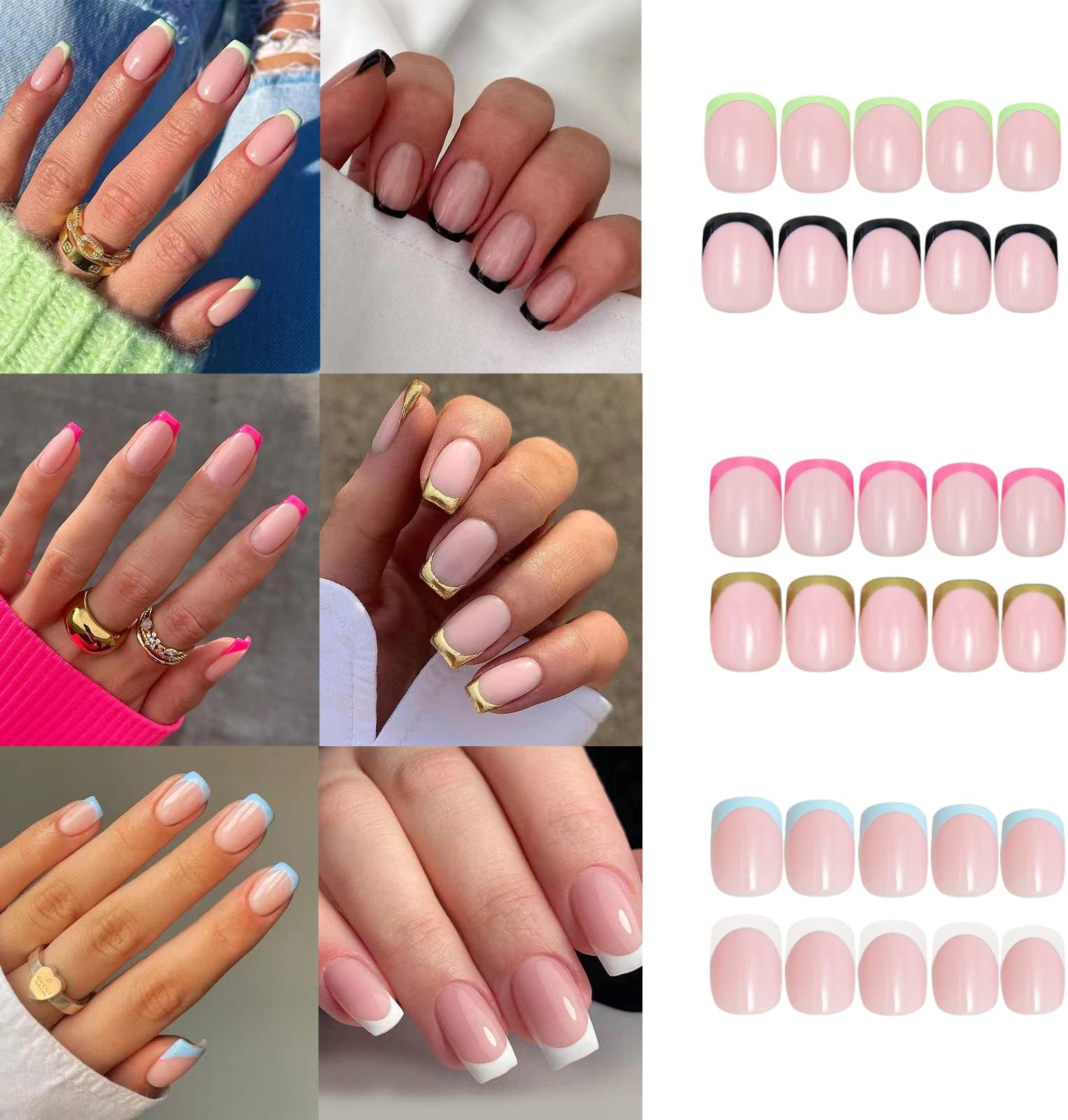 6 Packs (144 Pcs) French Tip Press on Nails, Misssix Short Fake Square Glue on Nails Set with Adhesive Tabs Nail File for Women