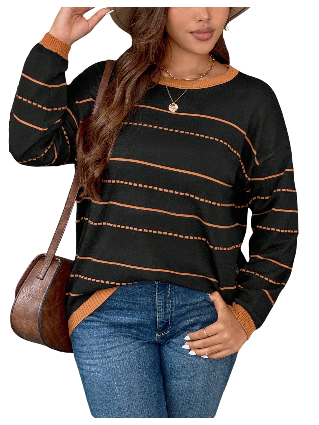 SOLY HUX Womens Plus Size Striped Sweater Long Sleeve Crew Neck Knit Pullover Jumper Tops Fall Clothes