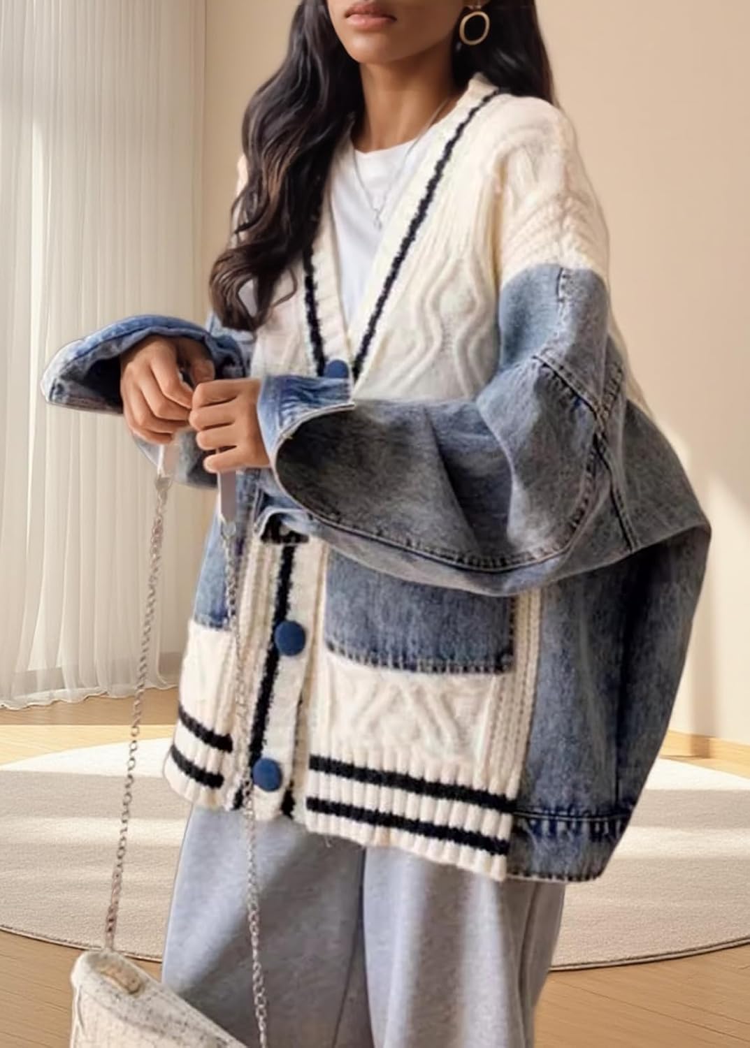 Tbahhir Women Open Front Sweater Cardigan Denim Patchwork Long Sleeve Chunky Knit Button Down Jackets with Pockets - Image 4