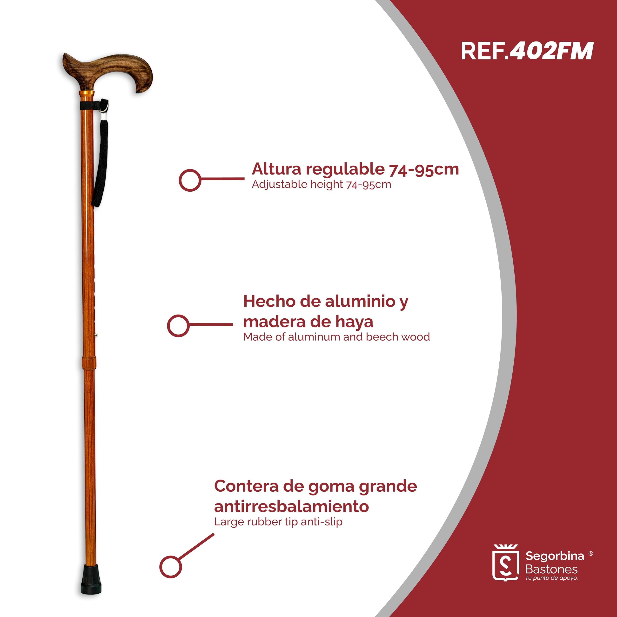 Bastón de Aluminio Extensible Regulable en Altura (74-95cm) con puño de Madera soflamado, contera Antideslizante y Acabado de Madera. Bastón muletilla para Apoyo y Ayuda a Caminar. (402FM)