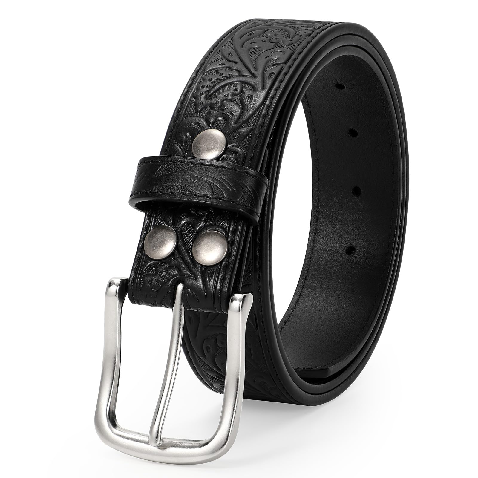 UpFind Men Western Leather Belt Pin Buckle Floral Engraved Cowboy Belt for Jeans Pant