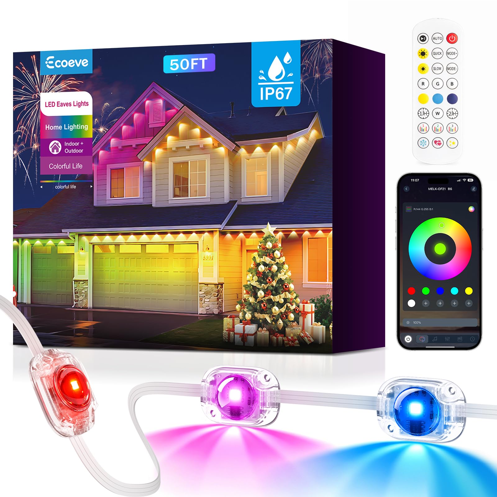 Permanent Outdoor Lights for House, 50ft Christmas RGB+IC Lights
