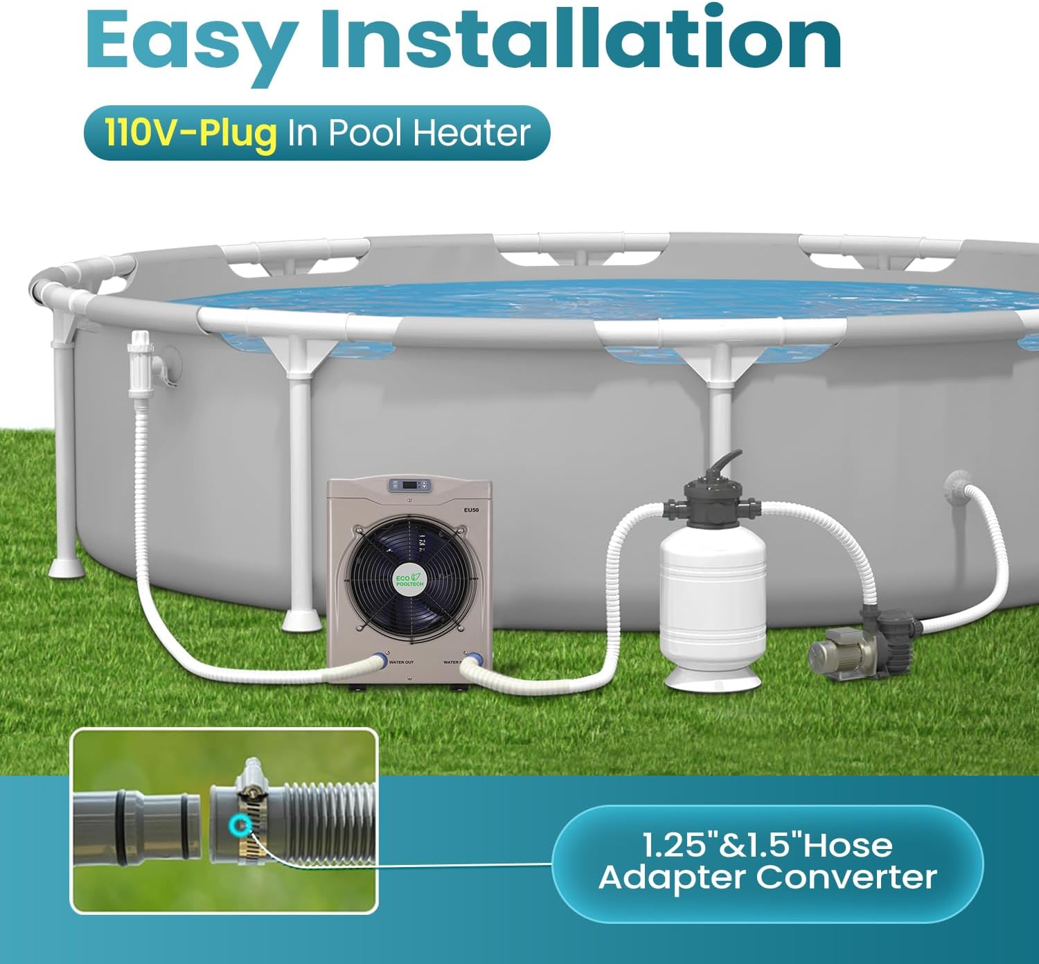Diagram of ECOPOOLTECH EU50 Pool Heat Pump easy installation with pool and filter
