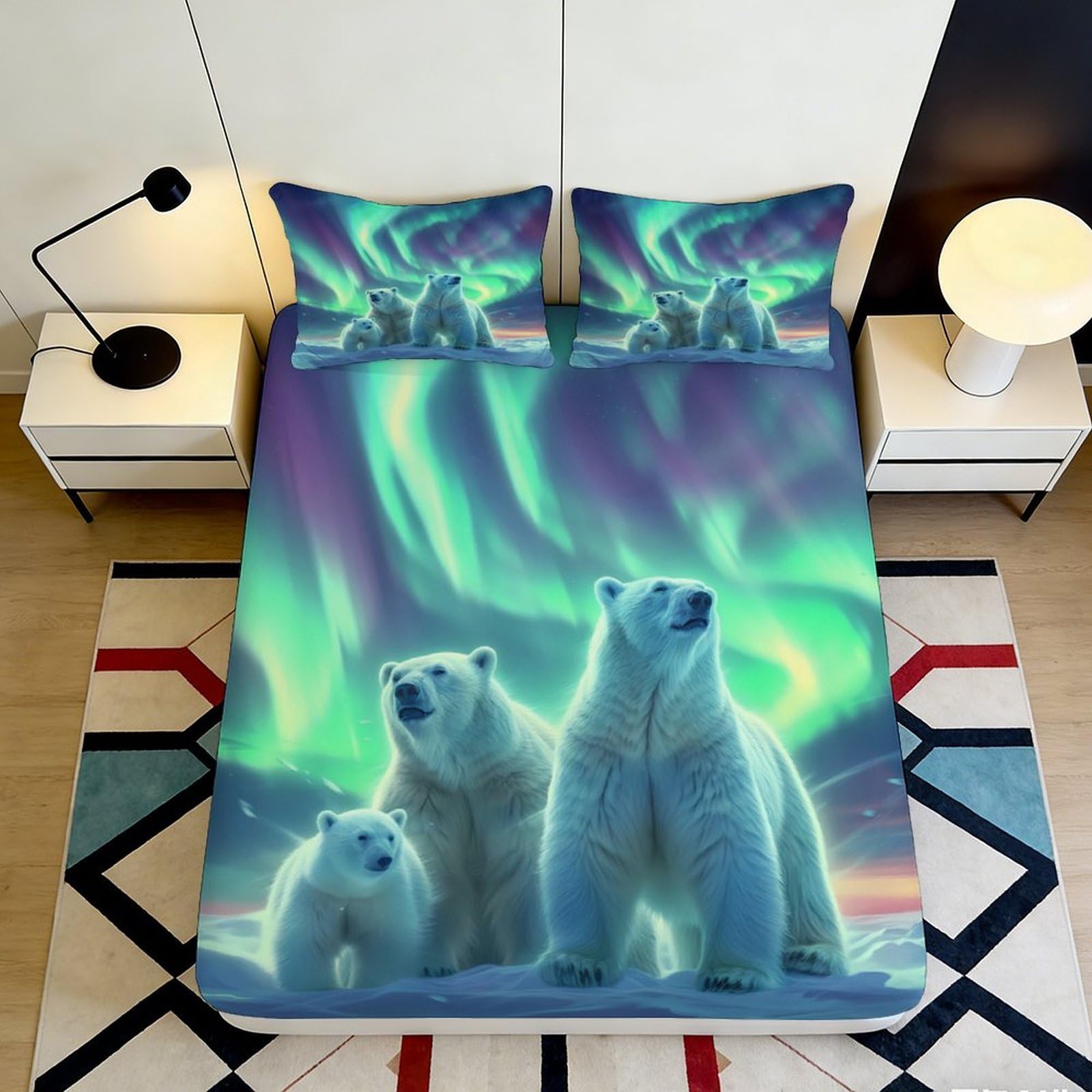 Pnayamiorkfel Style-1 3D Printed Northern Lights Fitted Sheet Microfiber Soft Polar Bear Mattress Cover For Bedroom Guest Room Decor 90X200x25cm