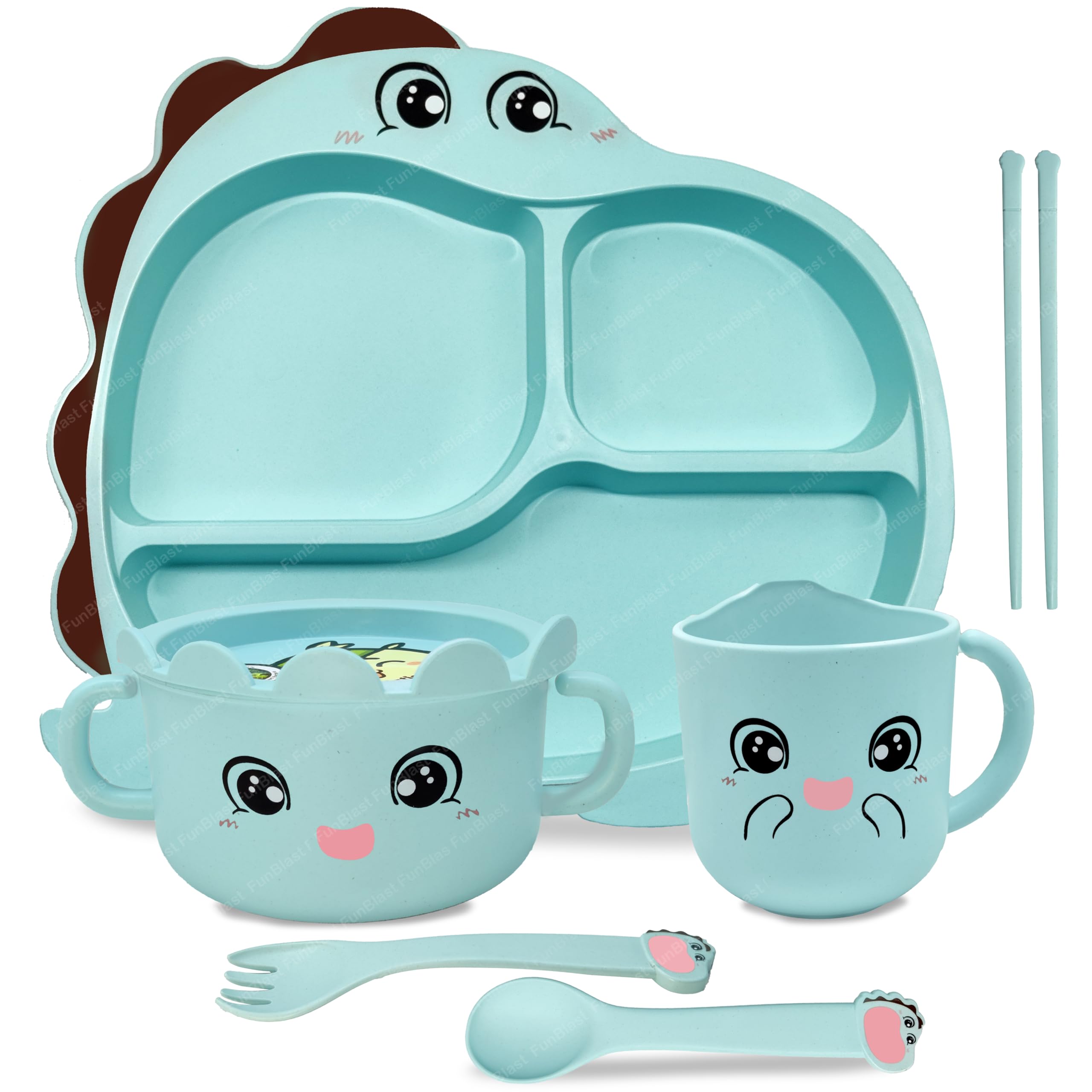 FunBlast Bamboo Fibre Feeding Set for Kids - Cartoon Design Children Dinnerware Set Includes Plate, Bowl, Cup, Spoon, Fork and Chopsticks, Tableware Cutlery for Kids (Blue)