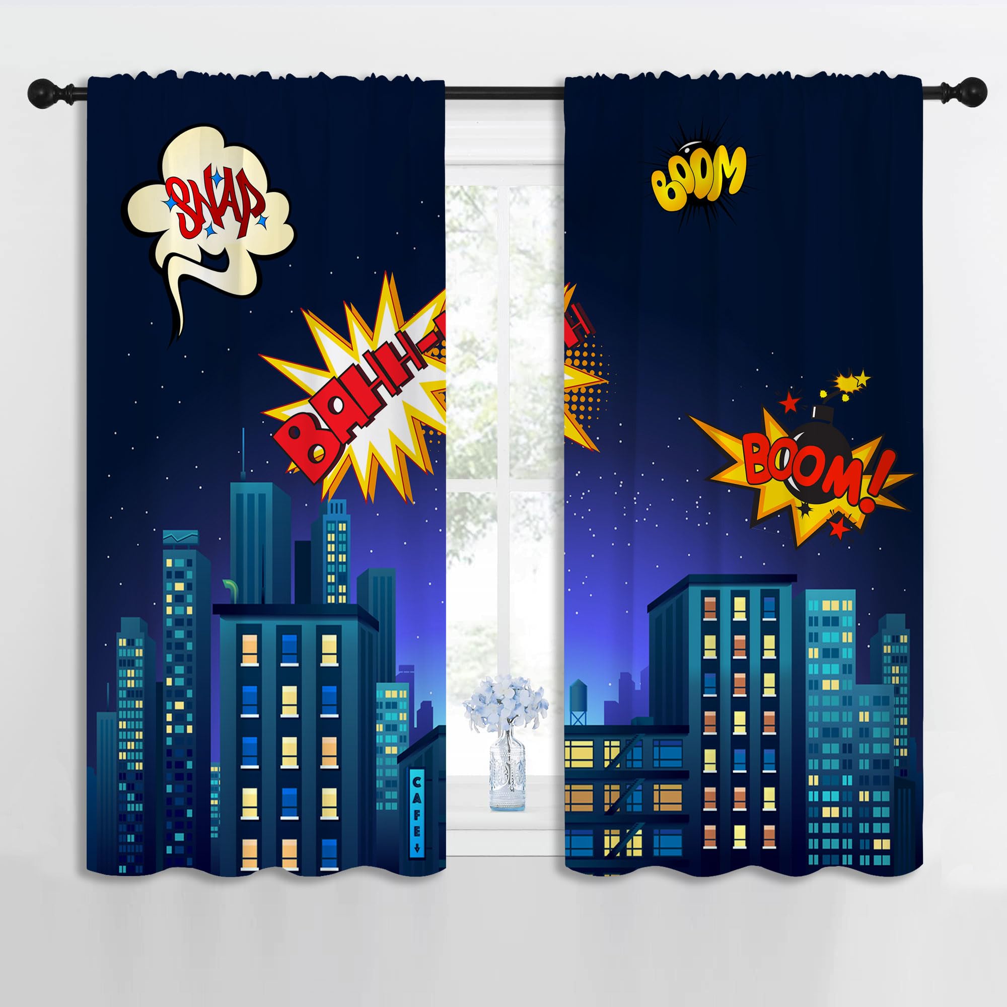 PYMATYTN Superhero Rod Pocket Blackout Curtains for Boy Girl Bedroom, Cartoon Skyline Buildings Cityscape Thermal Insulated Home Window Drapes for Living Room Darkening, 42x45 inch