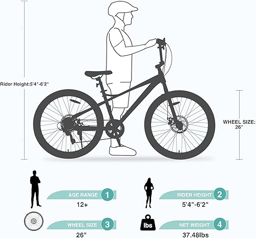 Miniatura 4 de HIMcup Freestyle BMX Bikes, 26-inch Kids Mountain Bike, Steel FrameAdjustable Ergonomic, 7 Speeds Bicycles for Boys Girls, Outdoor Cycling Bike Road