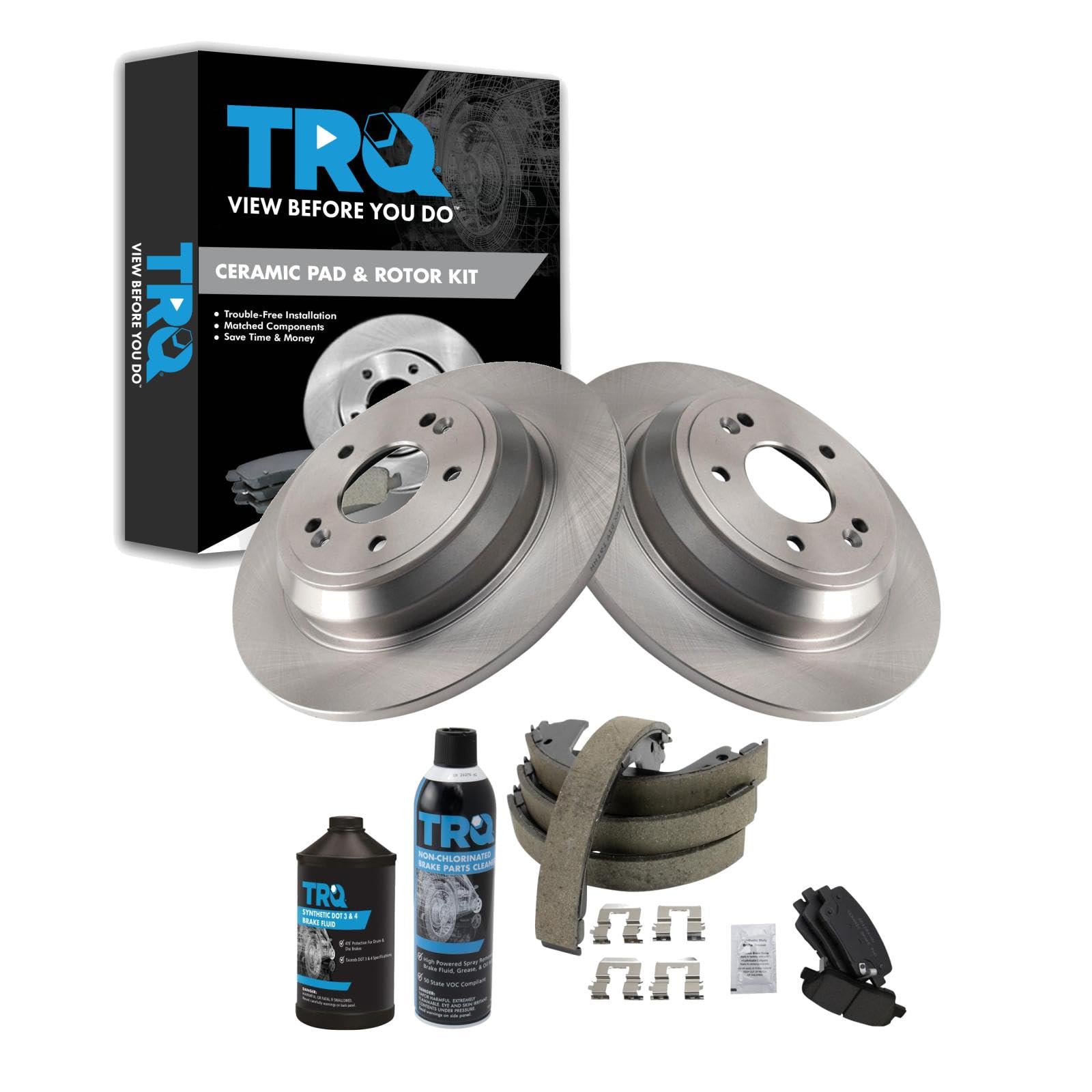 TRQ Rear Brake Pad &amp; Rotor Kit, with Chemical Kit Parking Brake Shoe Set Ceramic Compatible with 2009 Hyundai Genesis