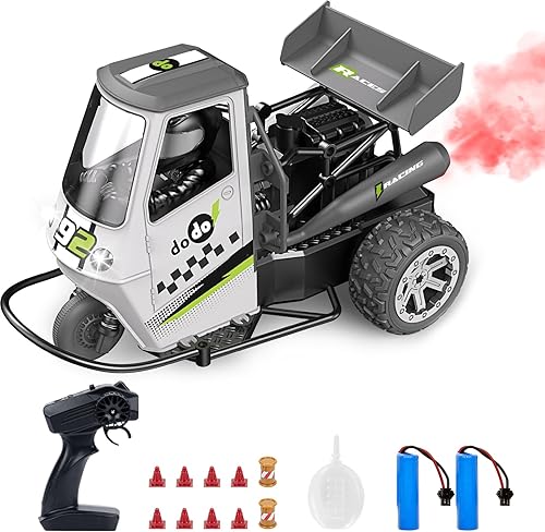 ACAMMZAR Coche de control remoto para niños, motocicleta RC 116, 22+kmh, control remoto de tres ruedas, con luz, spray para niños y niñas, regalo de