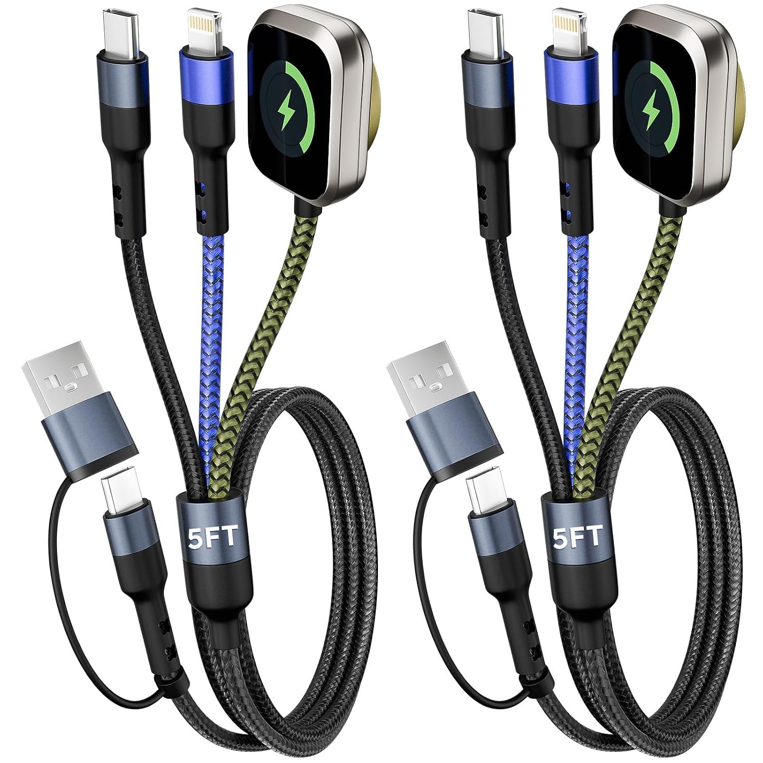 MPATIBY 2 Packs 5FT 3 in 2 Multi Charging Cable for Watch Charger/iPhone 17/Old iPhone, USB A/USB C Cable for Multiple Devices