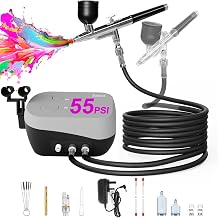 55 PSI Airbrush Kit with Air Compressor, Switchable Single/Dual Airflow, High Pressure Air Brush Gun with 0.2/0.3/0.5mm Nozzles & Cleaning Sets for Painting, Modeling, Cake Decor, Makeup, Nails Art