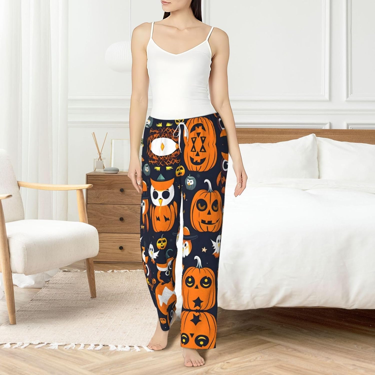 Halloween Owl Ghost Pumpkin Print Cozy Women'S Flannel Pajama Pants,Perfect For Christmas And Everyday Comfort