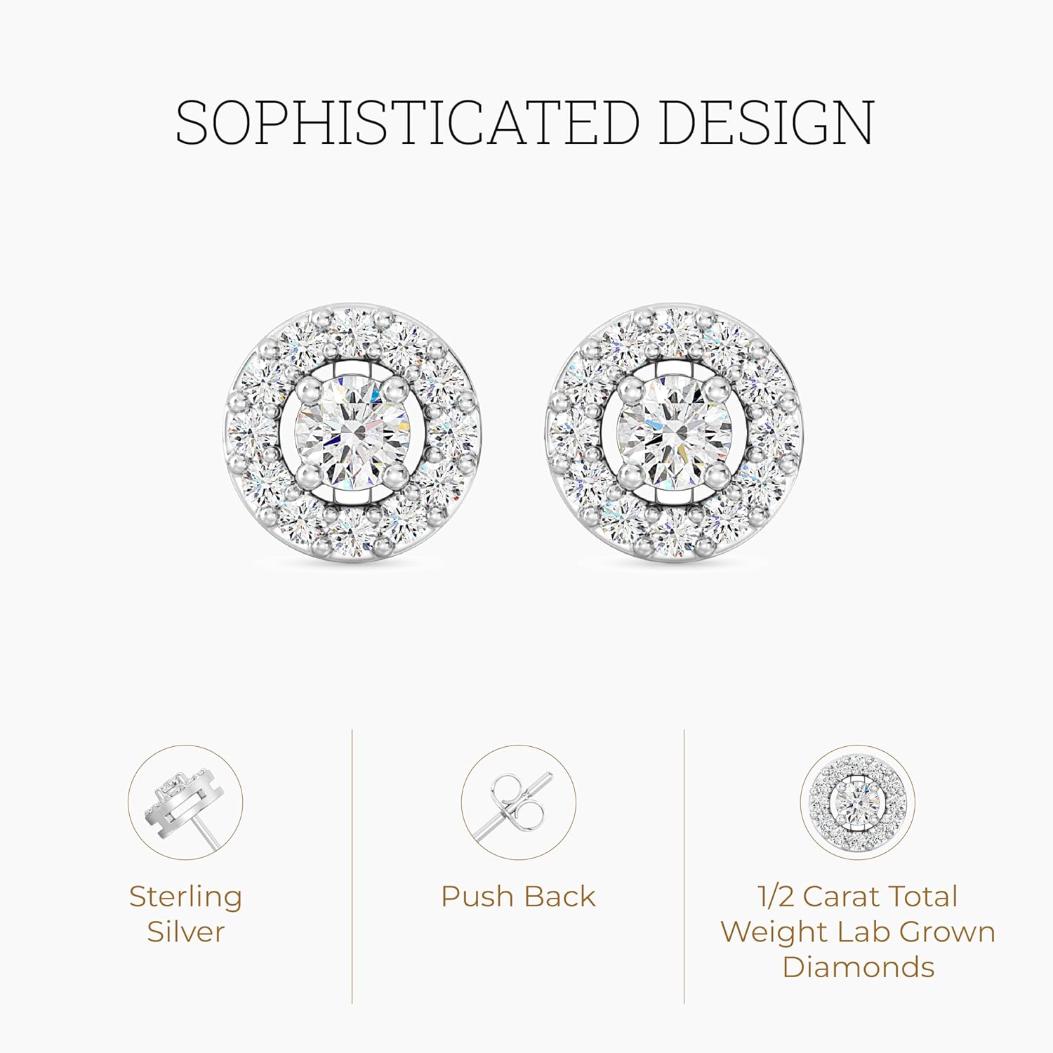 Gilded Lab-Grown Diamond Sterling Silver and 14KT Yellow Gold Plated Silver Stud Earrings for Women | Round Halo Shaped Studs | Hypoallergenic Fine Jewelry | Prong Setting, Push Back Nut | SI1 Clarity, F Color 1/4, 1/2, 3/4, 1 Carat Total Weight - Image 2