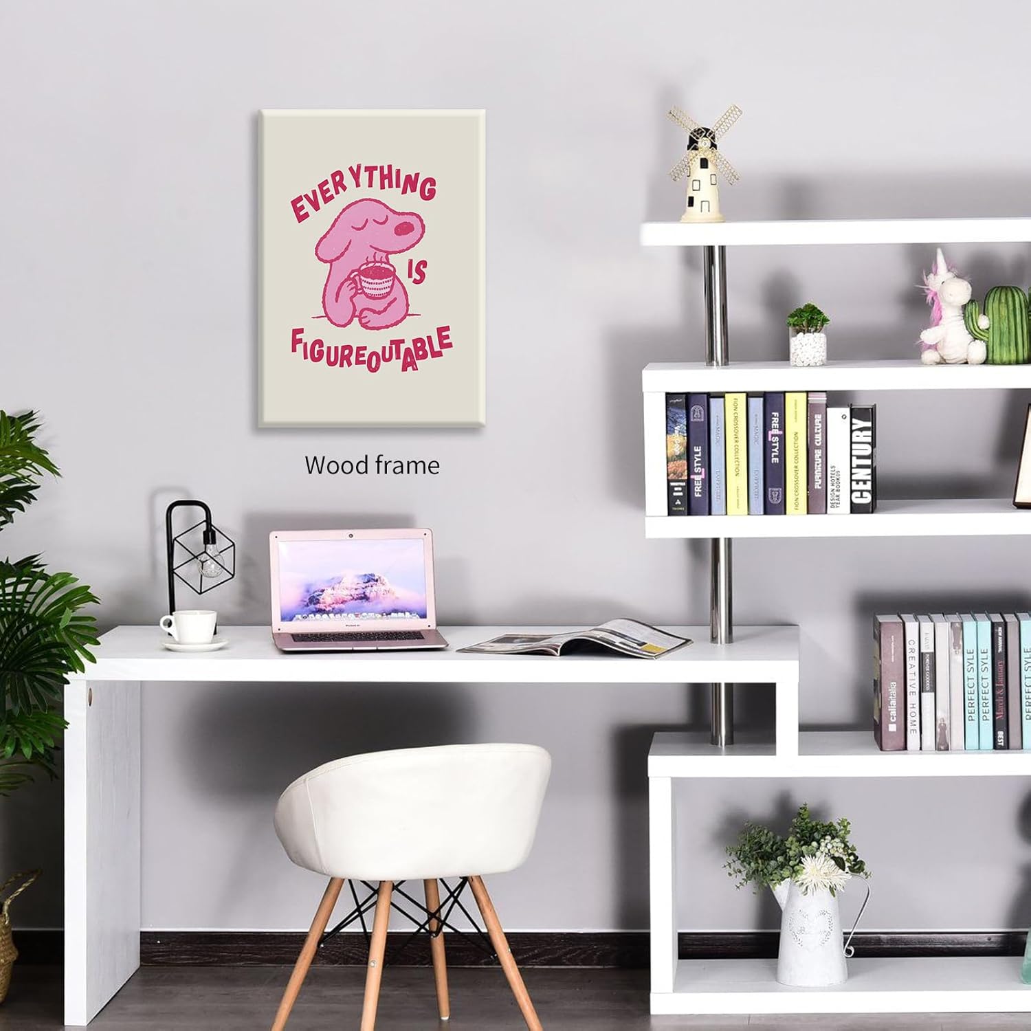 Pink Dog Positive Affirmations Quote Wall Art Motivational Cute Animal Posters 12X16 inch Framed Everything Is Figureoutable Prints Kids Bedroom Wall Decor