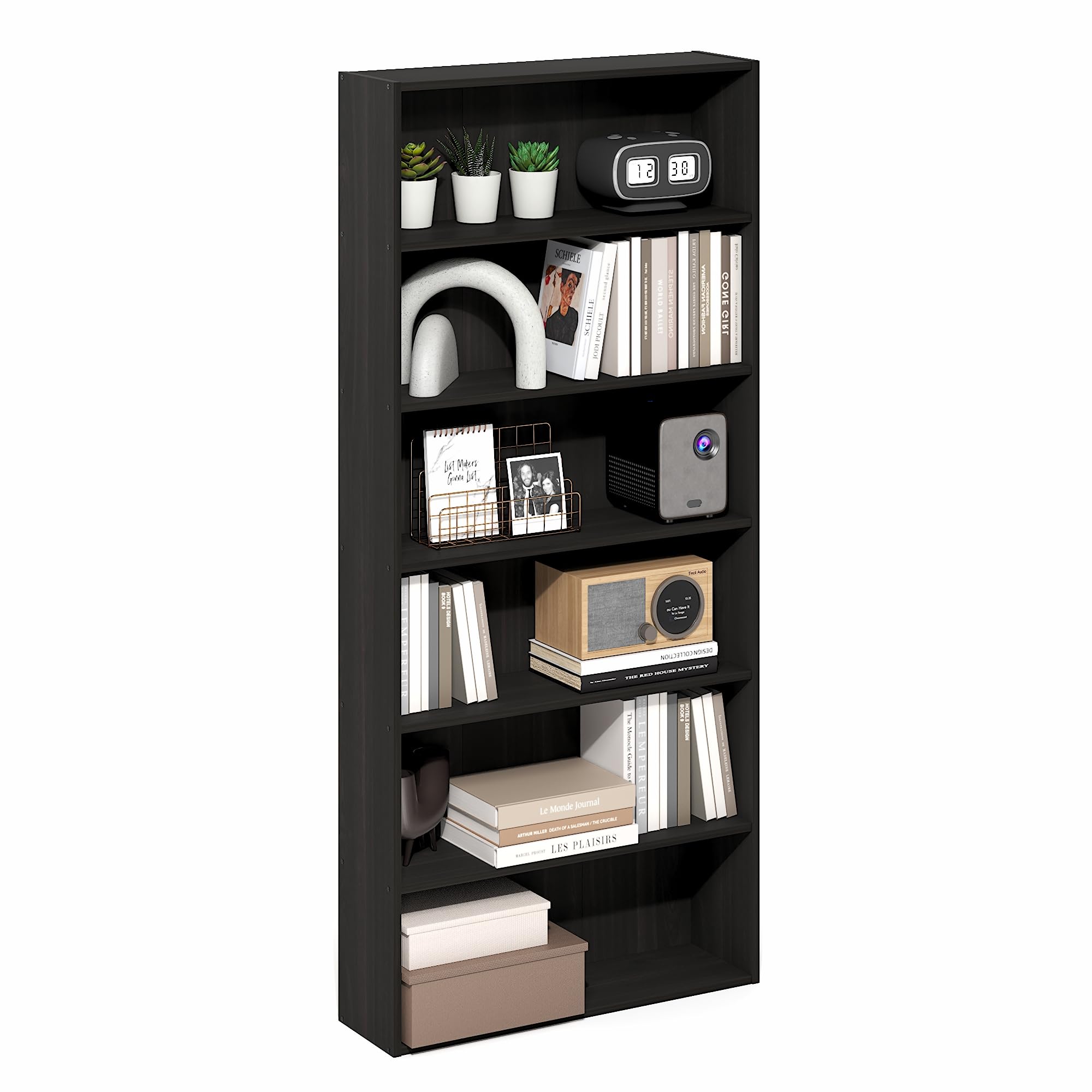 Furinno Basic Book Shelf, 6-Tier Bookcase with Open Shelf, Bookshelf, Cube Storage Organizer, 7 x 24 x 53, for Living Room, Bedroom, Home Office, Espresso