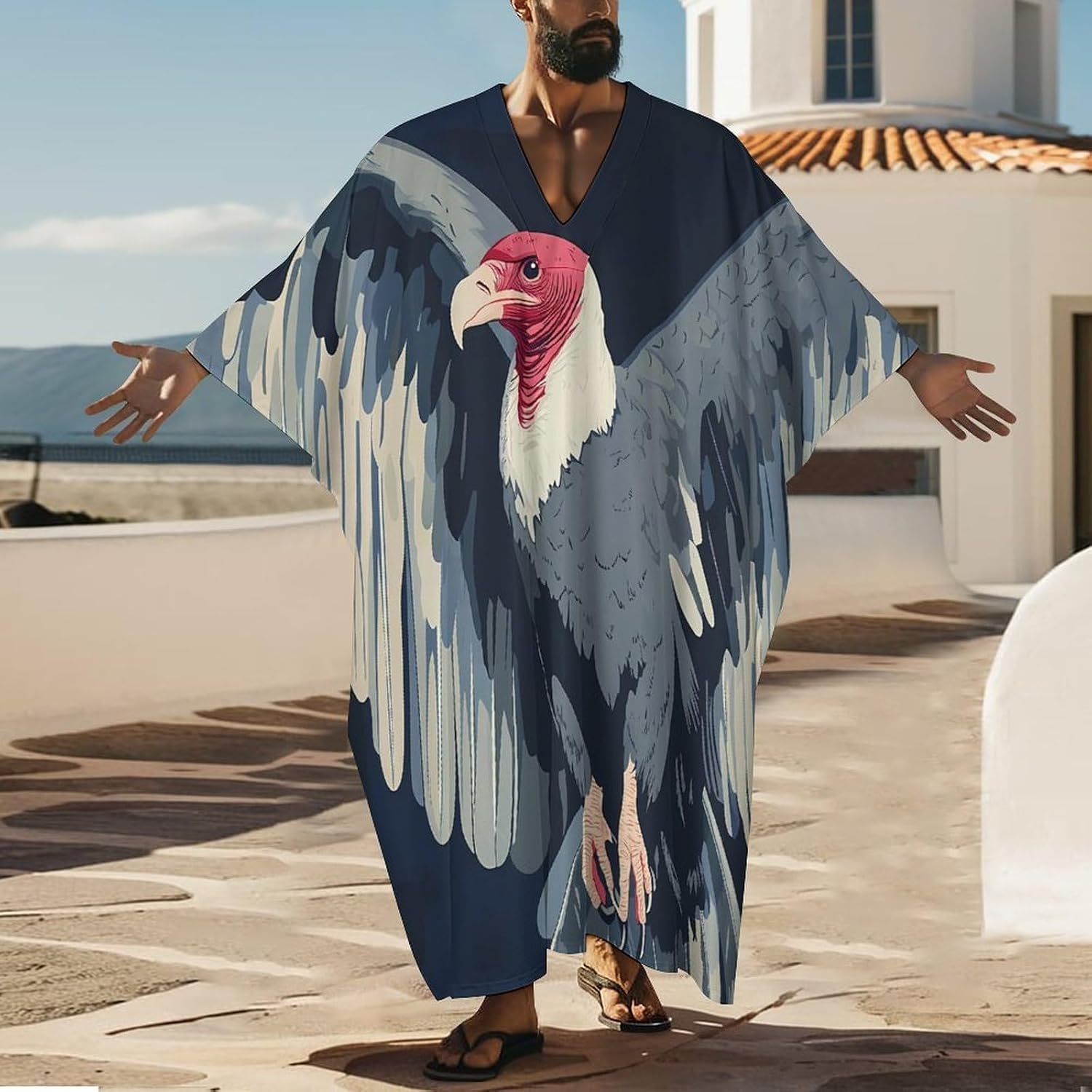 Flying Vulture Men's Kaftan Thobe V-Neck Long Gown Loose Robe