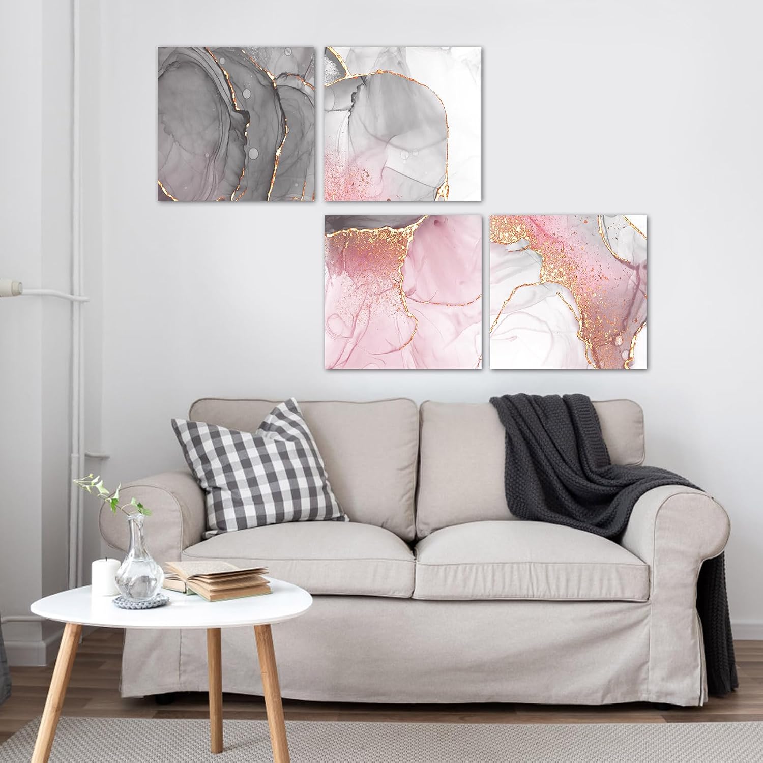 HVEST 4 Piece Marble Pink and Gold Canvas Wall Art Modern Grey and White Abstract Geometric Framed Wall Art Minimalist Pictures for Bedroom Living Room Bathroom Wall Decor,12L X 12W inches