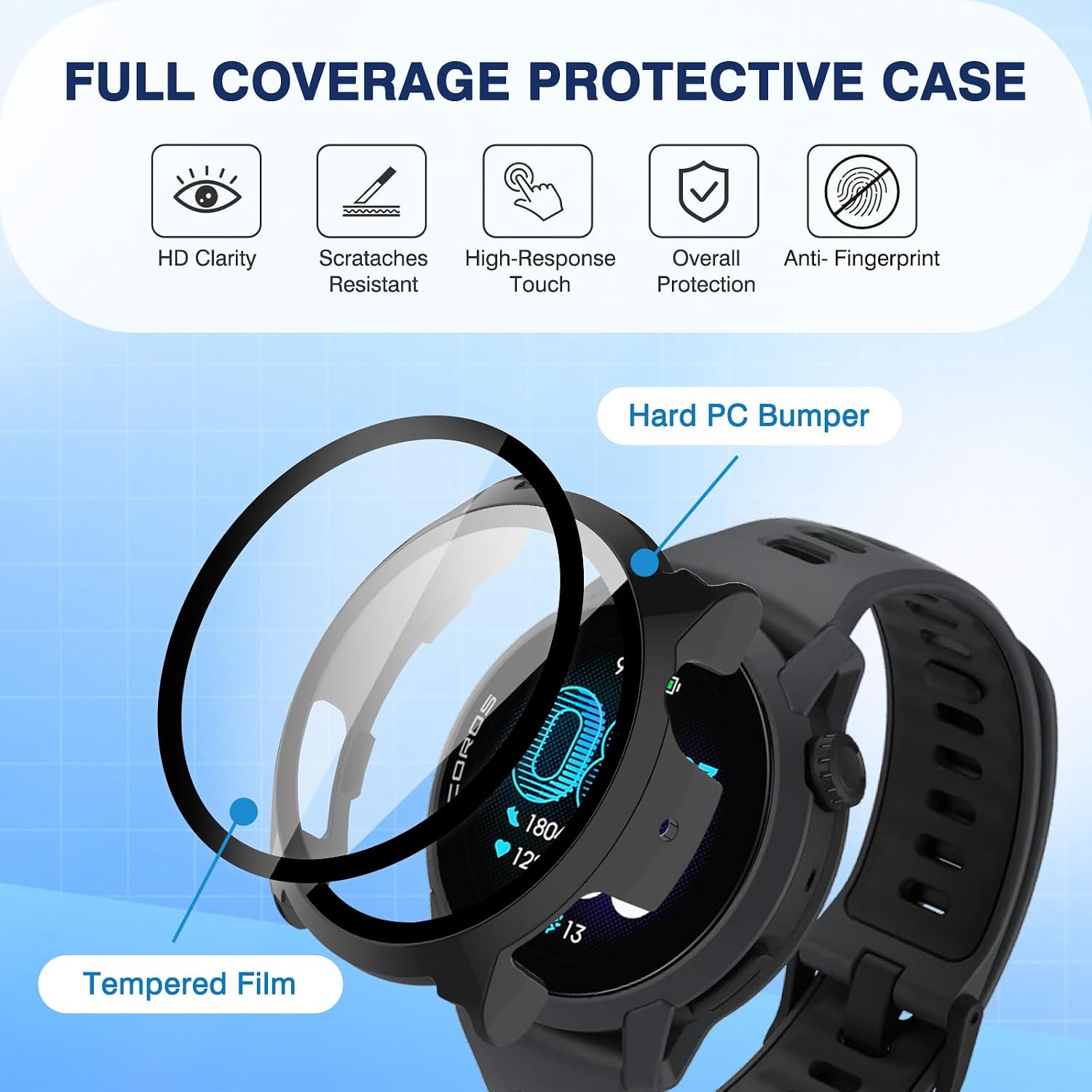 2 Pack for COROS PACE 4 Smartwatch Screen Protector Case,HD Ultra-Thin Full Coverage Scratch Resistant Protective Cover Accessories ,Hard PC Material with Built-in Tempered Glass Film(Black+Black)
