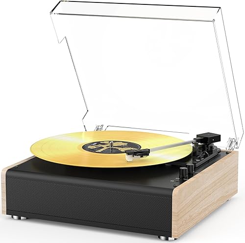 Tocadiscos de vinilo Bluetooth inalámbrico con altavoces integrados y 3 velocidades con correa de 3 velocidades con cartucho magnético, salida RCA,