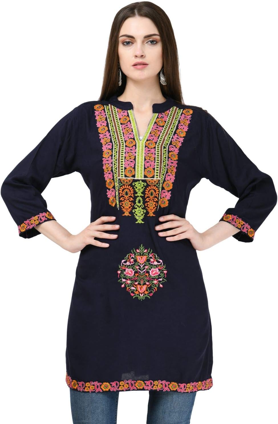 SAAKAA Women's Rayon Navy Blue Embroidery Tunic