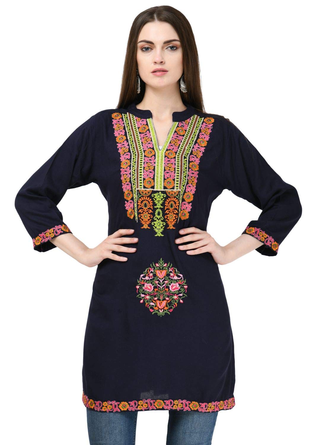SAAKAA Women's Rayon Navy Blue Embroidery Tunic