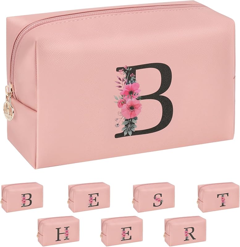 Necessaire de maquiagem com inicial onemoky, estampa floral, rosa, Modelo Z1137