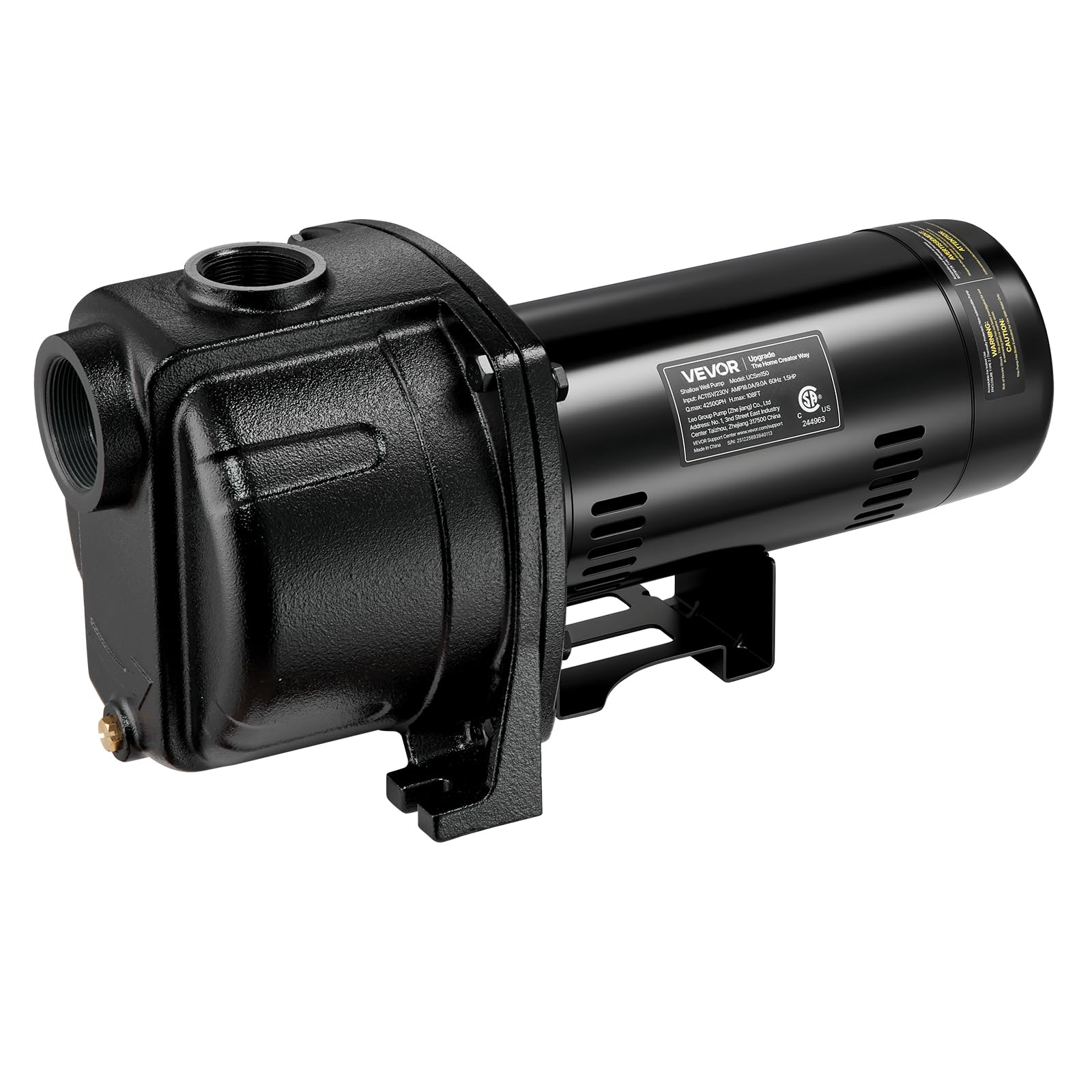 VEVOR 1.5 HP Shallow Well Jet Pump, AC 115/230 Volt, 4250 GPH Dual Voltage Cast Iron Well Jet Pump, with 108 ft Max Head Lift, Easy Voltage Switching, for Garden Irrigation, Lawn Sprinkler System