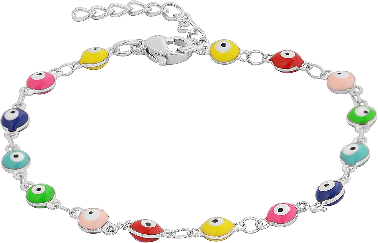 Edforce Stainless Steel Women's Charm Bracelet Green | Gold Enamel Evil Eye Protection Link Chain Adjustable, 8" (Colors, Silver-and-Stainless-Steel) - Image 5