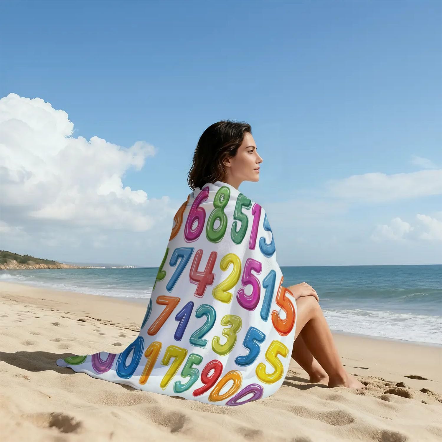 Spaß, Lebendig, Cartoon Strandtuch 200 x 145 cm – Saugfähiges Schnell trocknendes Strandtuch Handgezeichnet, Fettgedruckte Zahlen für Campen, Picknick, Ausflüge