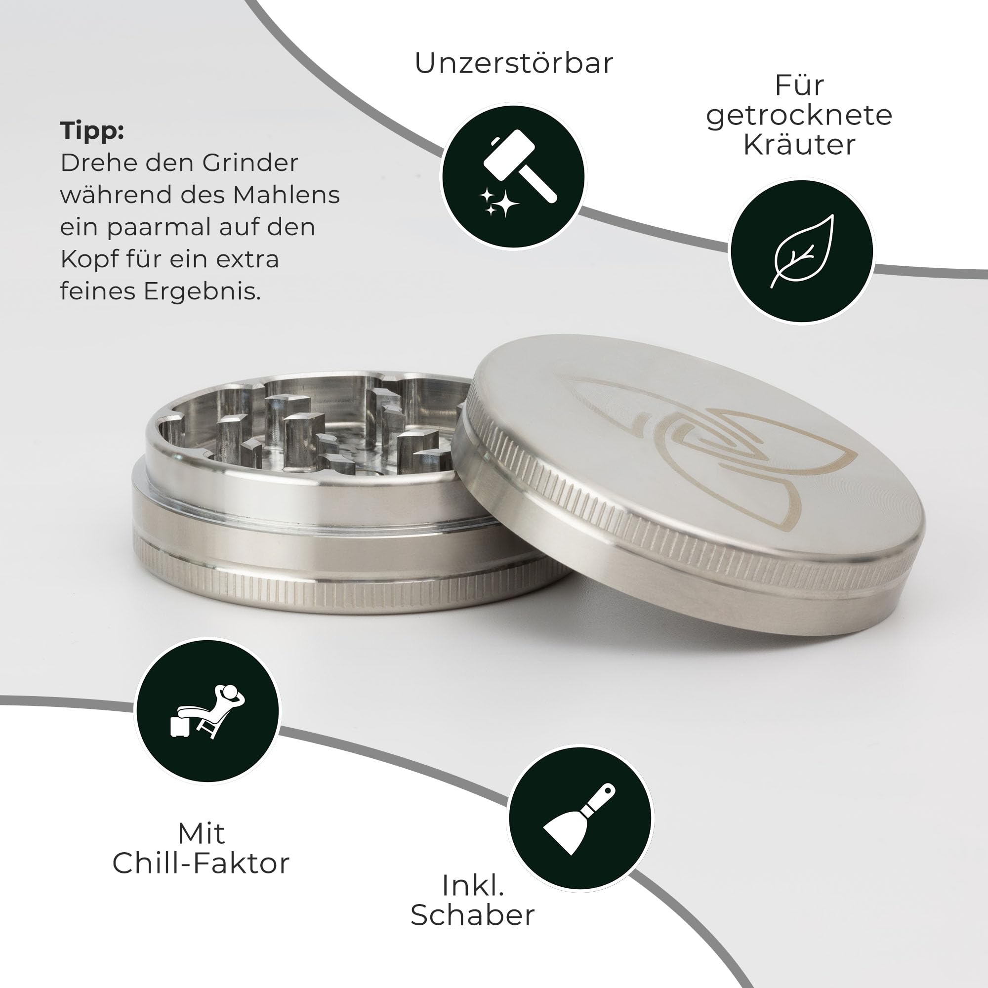 Grinder Edelstahl 2-teilig, unverwüstlicher Crusher, Kräutermühle, Gewürzmühle - abriebfest, magnetisch - Silber Ø 6,3cm