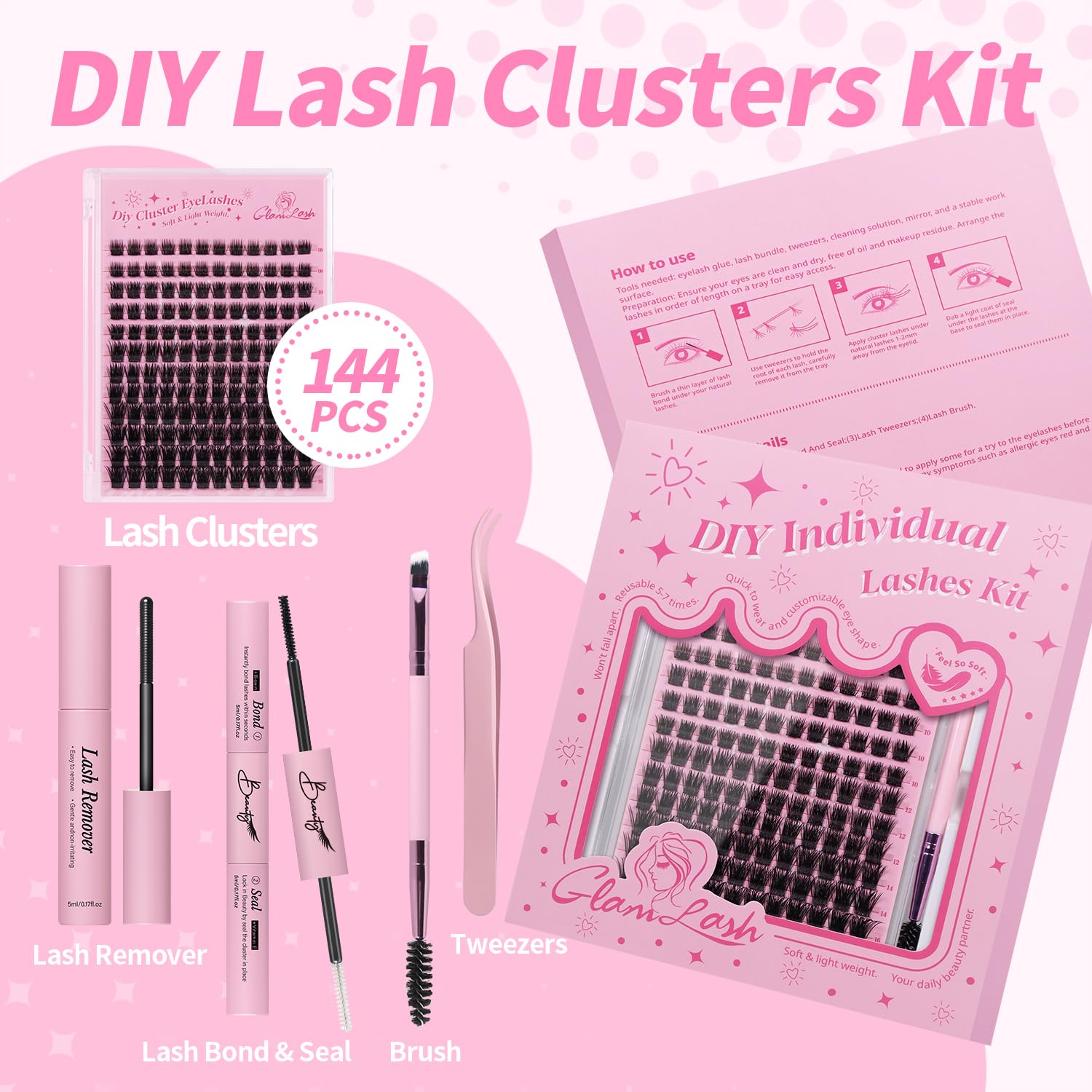Ciglia Finte Ciuffetti Kit Extension Ciglia Lash Clusters con Bond e Rimuoviciglia 8-16mm,DIY Eyelash Extension Kit (DM-FD32)