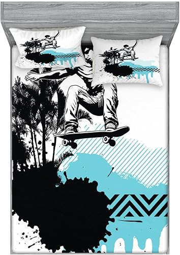 Miniatura 68 de Ambesonne Juego de sábanas bajeras y fundas de almohada, diseño retro de los videojuegos con botones de joystick vintage de los años 80 y 90, diseño