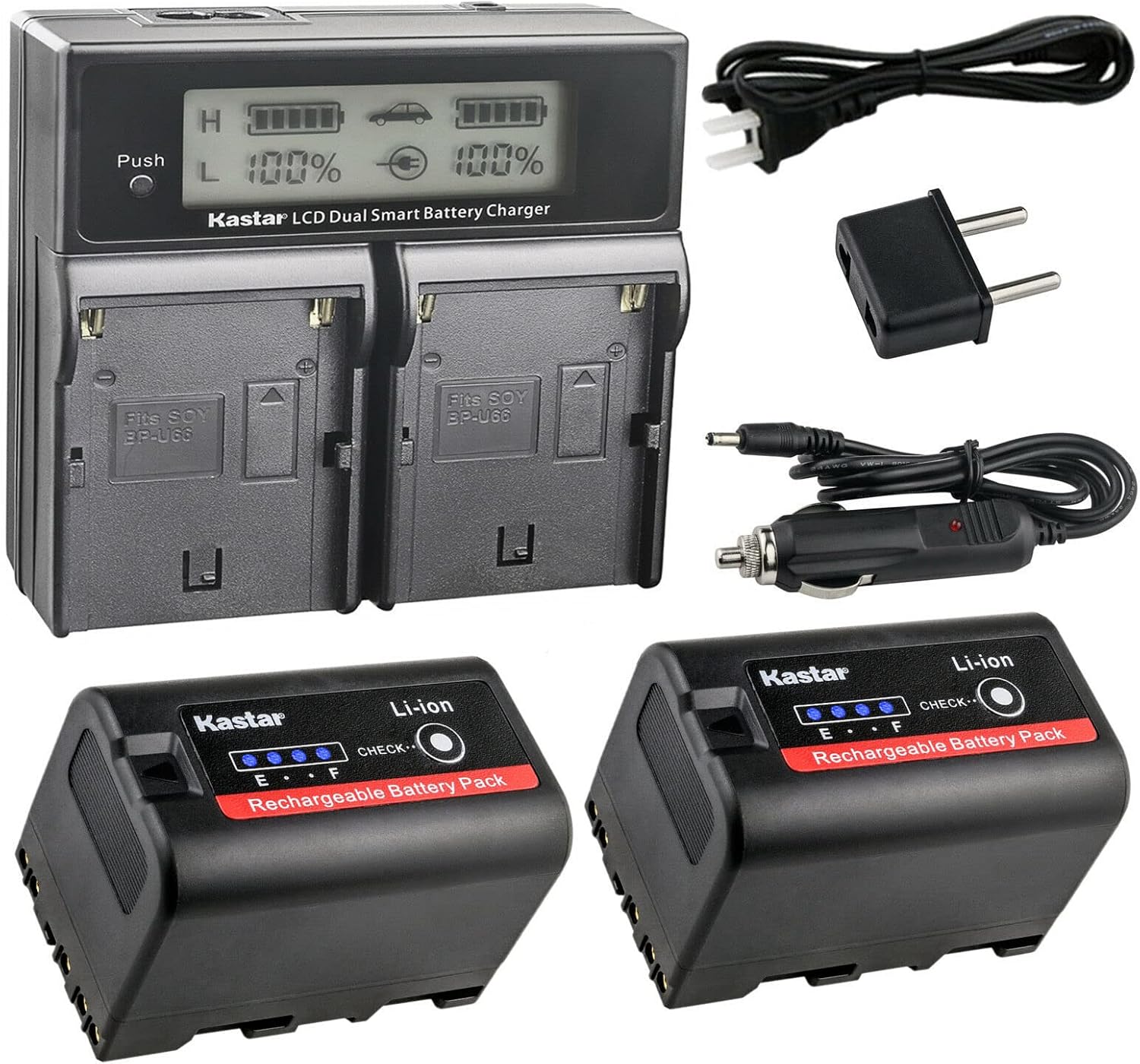 Kastar 2-Pack Battery and AC LCD Dual Fast Charger Compatible with Sony BP-U30 BP-U35 BP-U60 BP-U60T BP-U66 BP-U65 BP-U68 BP-U70 BP-U90 BP-U95 BP-U96 BP-U98 Battery, Sony BC-U1 BC-U2 BC-CU1 Charger